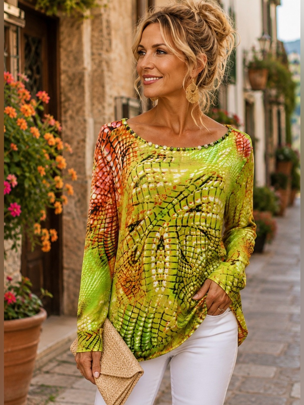 Mona Leah Couture Embellished Animal Print Tunic Top L Green Orange Boutique B